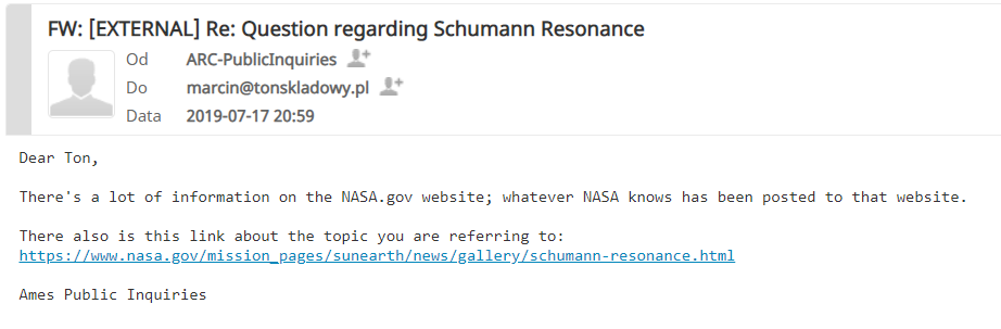 Mail do NASA w sprawie rezonansu Schumanna